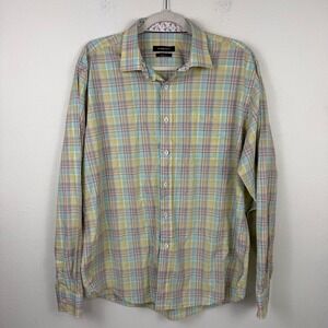 Bugatchi Mens Classic Fit‎ Plaid Button Down Shirt Yellow Green Flamingo Large